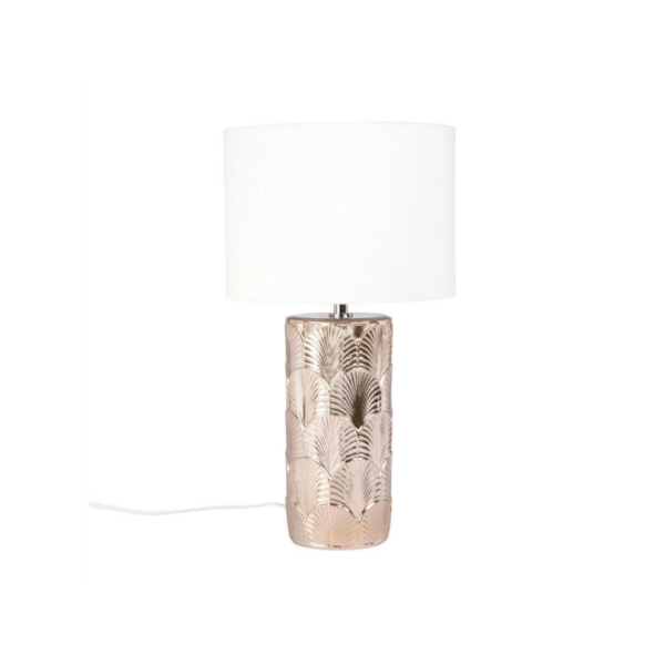 VAHINE Lampe aus goldfarbener Keramik mit Verzierungen und ecrufarbenem Lampenschirm