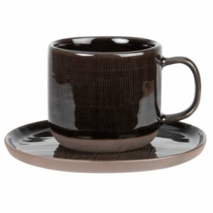 JEAN Tasse und Untertasse aus Fayence, braun