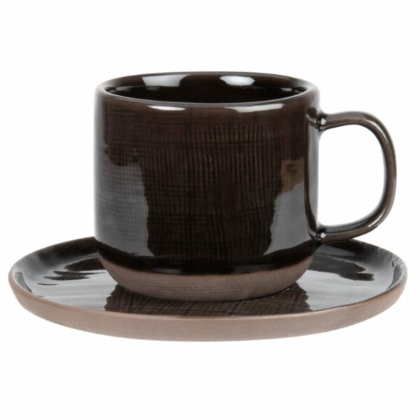 JEAN Tasse und Untertasse aus Fayence, braun