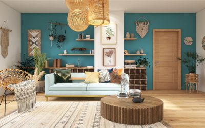 Boho-Skandi Wohnzimmer mit Petrol und Gold